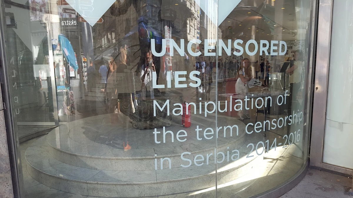 Views of the exhibition Uncensored Lies: Manipulation of the term censorship in Serbia  2014-2016, organised by the Serbian Progressive Party of Prime Minister Vučić, 2016.  Photo courtesy to Vlidi.