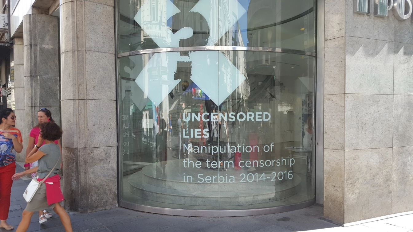 Views of the exhibition Uncensored Lies: Manipulation of the term censorship in Serbia  2014-2016, organised by the Serbian Progressive Party of Prime Minister Vučić, 2016.  Photo courtesy to Vlidi.